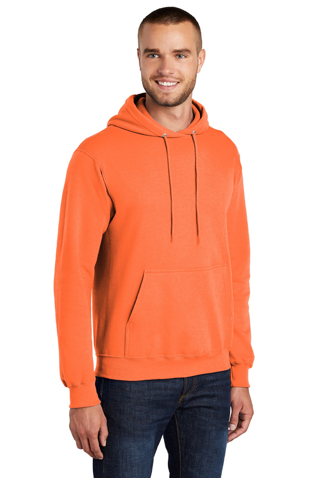 Port & Company PC78H/PC78HT Mens Core Pill Resistant Fleece Hooded Sweatshirt Hoodie w/ Pouch Pocket Neon Orange Model 3q