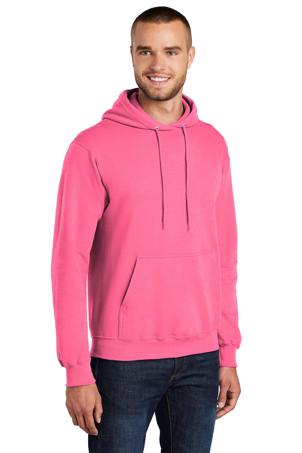 Port & Company PC78H/PC78HT Mens Core Pill Resistant Fleece Hooded Sweatshirt Hoodie w/ Pouch Pocket Neon Pink Model 3q