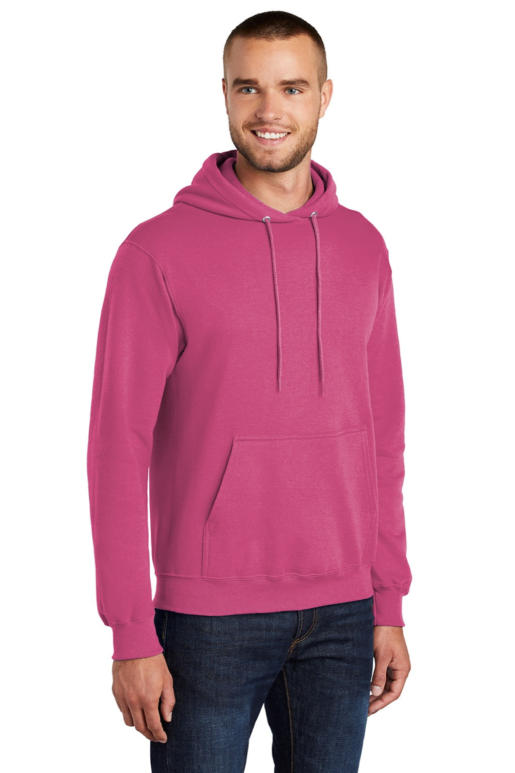 Port & Company PC78H/PC78HT Mens Core Pill Resistant Fleece Hooded Sweatshirt Hoodie w/ Pouch Pocket Sangria Pink Model 3q