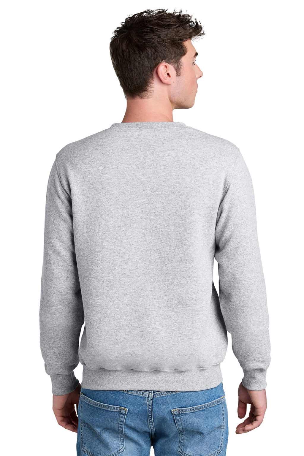 Port & Company PC78PKT Mens Core Fleece Crewneck Sweatshirt w/ Pouch Pocket Ash Grey Model Back