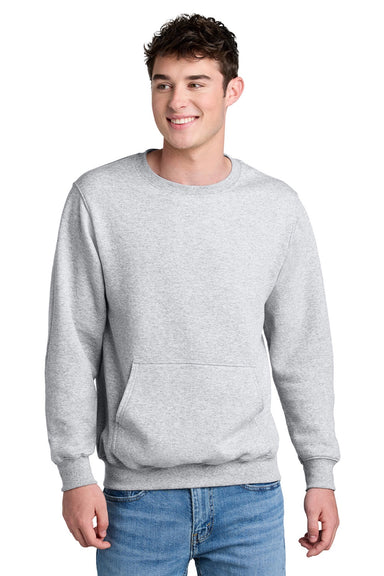 Port & Company PC78PKT Mens Core Fleece Crewneck Sweatshirt w/ Pouch Pocket Ash Grey Model Front