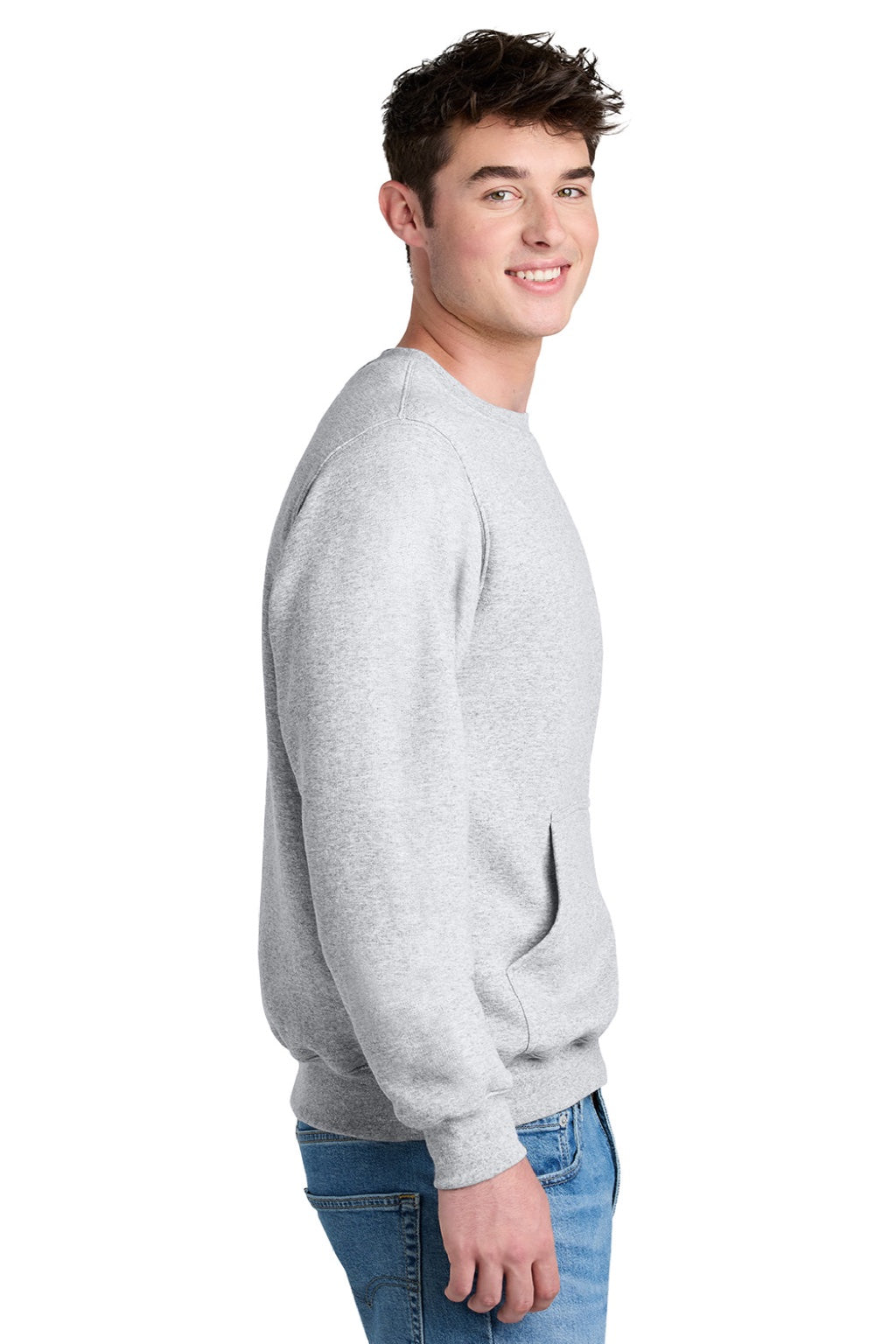 Port & Company PC78PKT Mens Core Fleece Crewneck Sweatshirt w/ Pouch Pocket Ash Grey Model Side