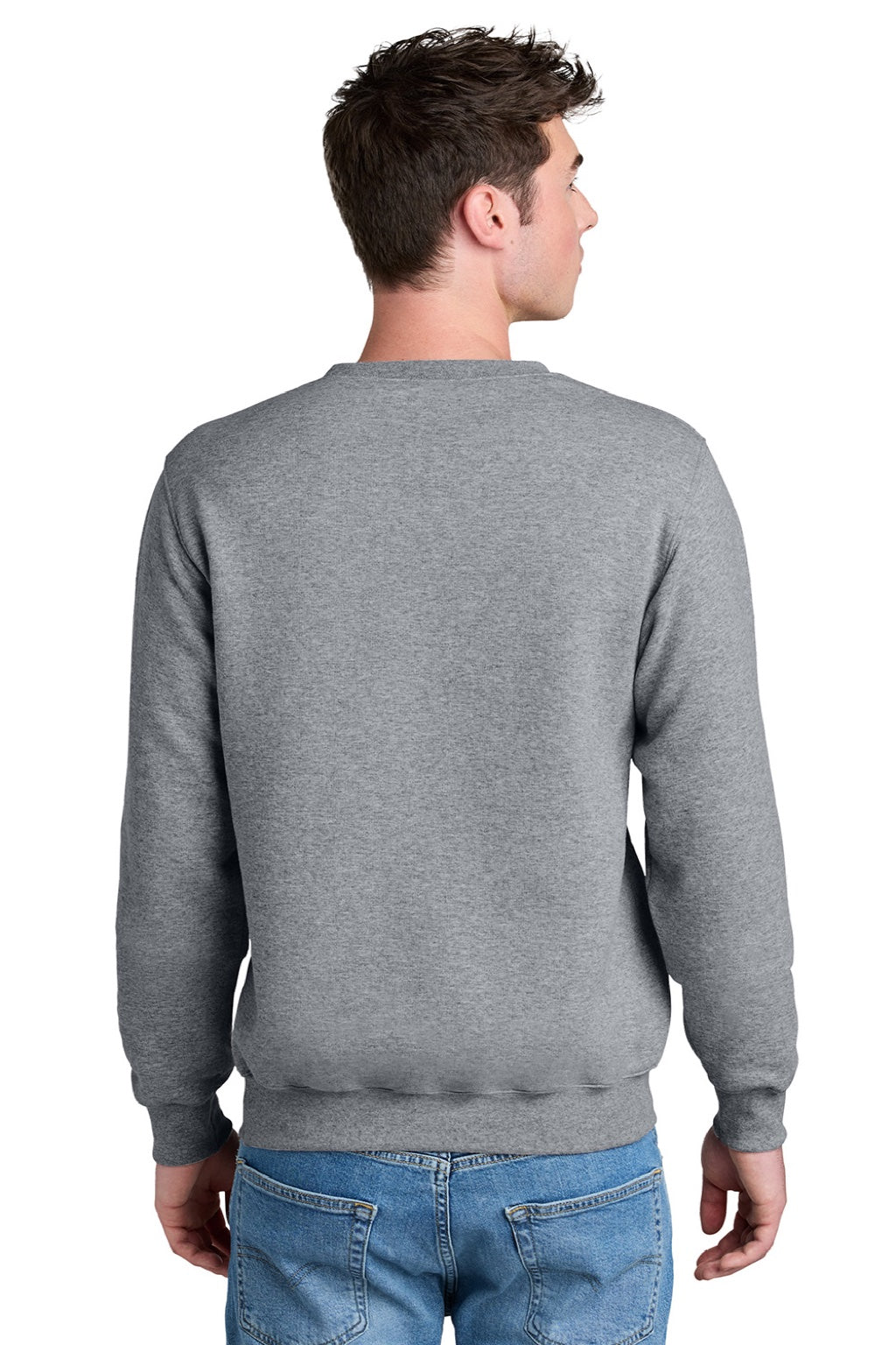 Port & Company PC78PKT Mens Core Fleece Crewneck Sweatshirt w/ Pouch Pocket Heather Grey Model Back
