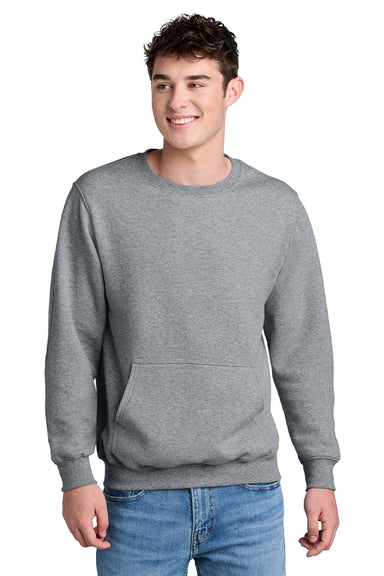 Port & Company PC78PKT Mens Core Fleece Crewneck Sweatshirt w/ Pouch Pocket Heather Grey Model Front