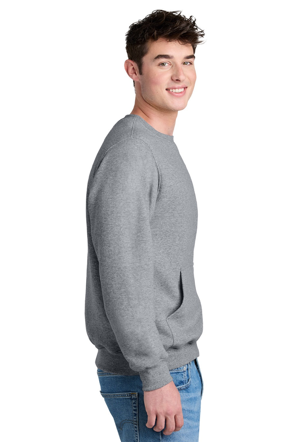 Port & Company PC78PKT Mens Core Fleece Crewneck Sweatshirt w/ Pouch Pocket Heather Grey Model Side