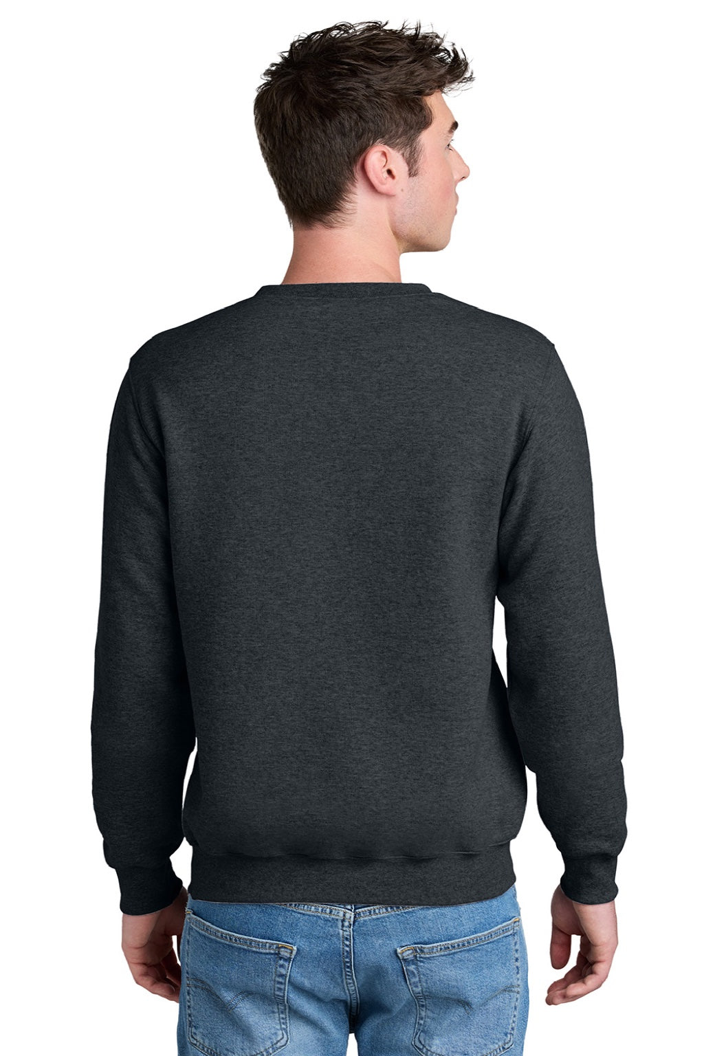Port & Company PC78PKT Mens Core Fleece Crewneck Sweatshirt w/ Pouch Pocket Heather Dark Grey Model Back