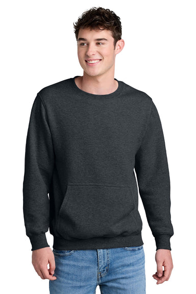 Port & Company PC78PKT Mens Core Fleece Crewneck Sweatshirt w/ Pouch Pocket Heather Dark Grey Model Front
