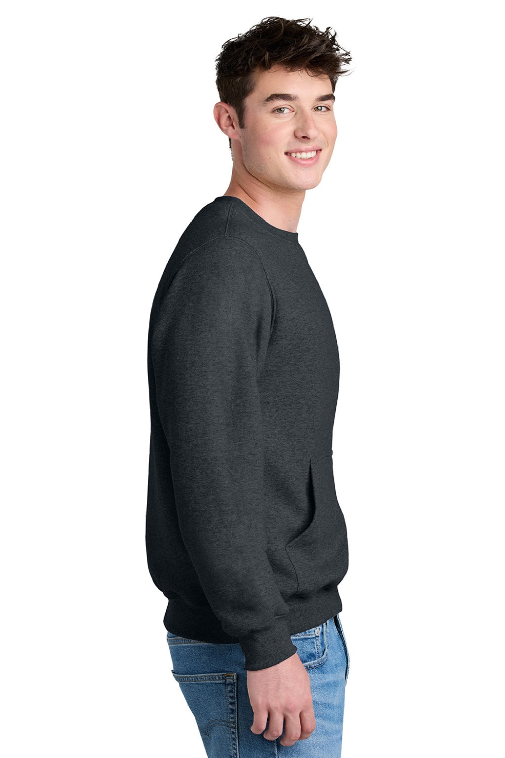 Port & Company PC78PKT Mens Core Fleece Crewneck Sweatshirt w/ Pouch Pocket Heather Dark Grey Model Side