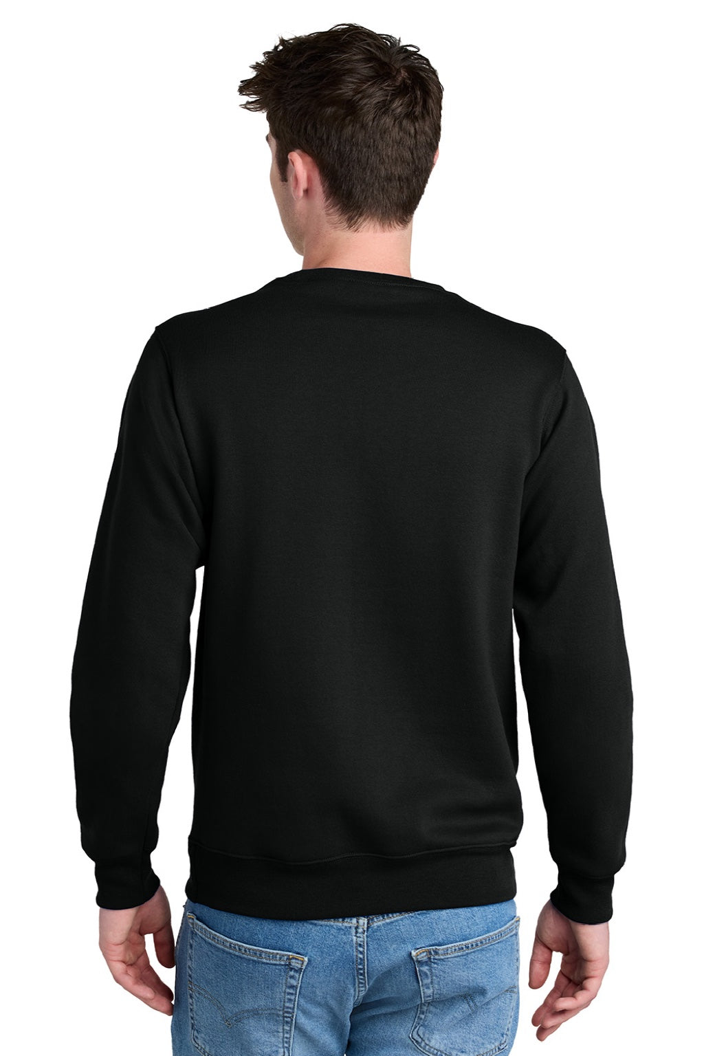 Port & Company PC78PKT Mens Core Fleece Crewneck Sweatshirt w/ Pouch Pocket Jet Black Model Back