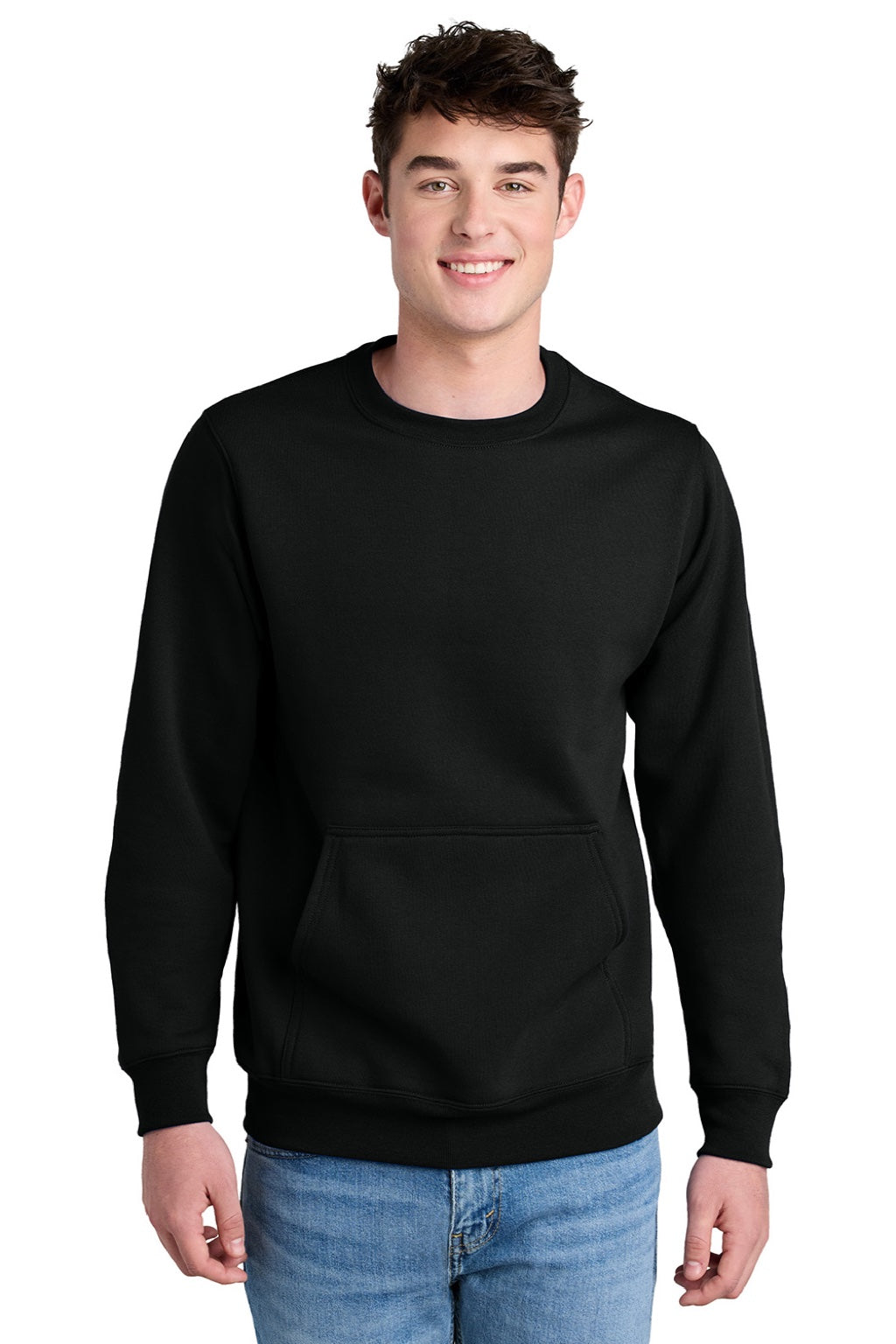 Port & Company PC78PKT Mens Core Fleece Crewneck Sweatshirt w/ Pouch Pocket Jet Black Model Front
