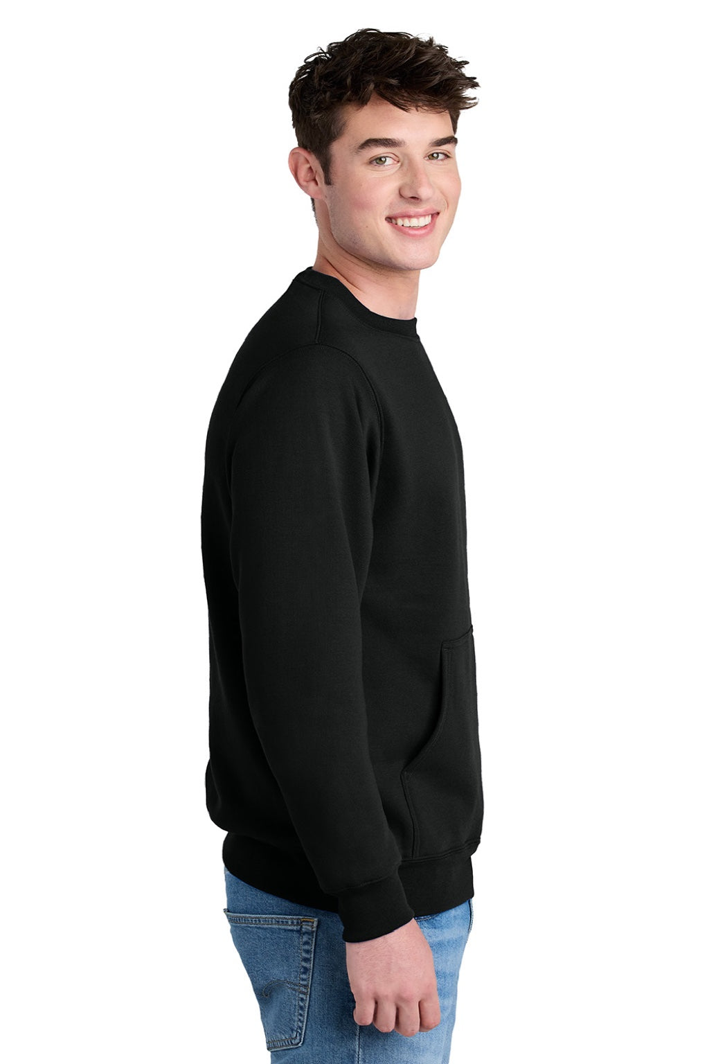 Port & Company PC78PKT Mens Core Fleece Crewneck Sweatshirt w/ Pouch Pocket Jet Black Model Side