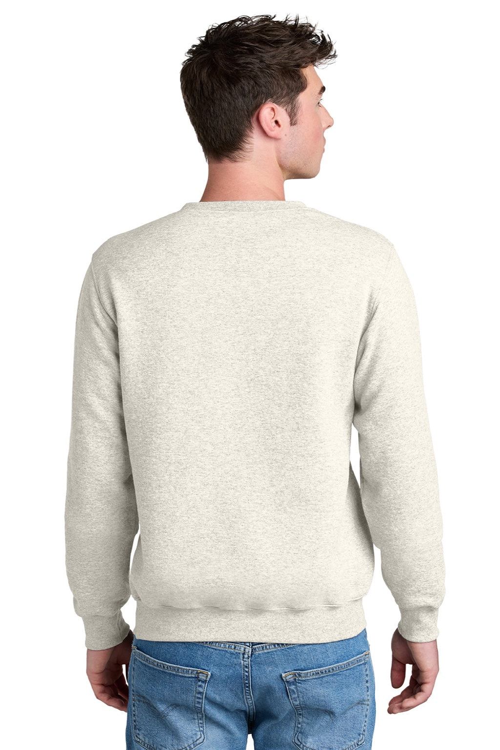 Port & Company PC78PKT Mens Core Fleece Crewneck Sweatshirt w/ Pouch Pocket Heather Oatmeal Model Back