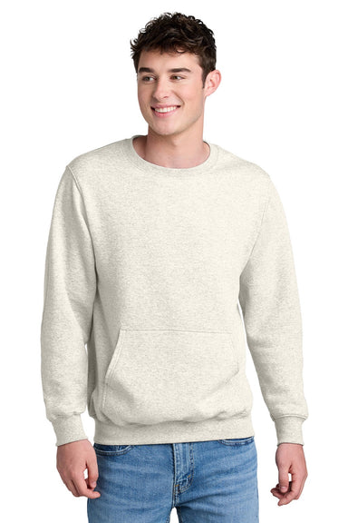 Port & Company PC78PKT Mens Core Fleece Crewneck Sweatshirt w/ Pouch Pocket Heather Oatmeal Model Front