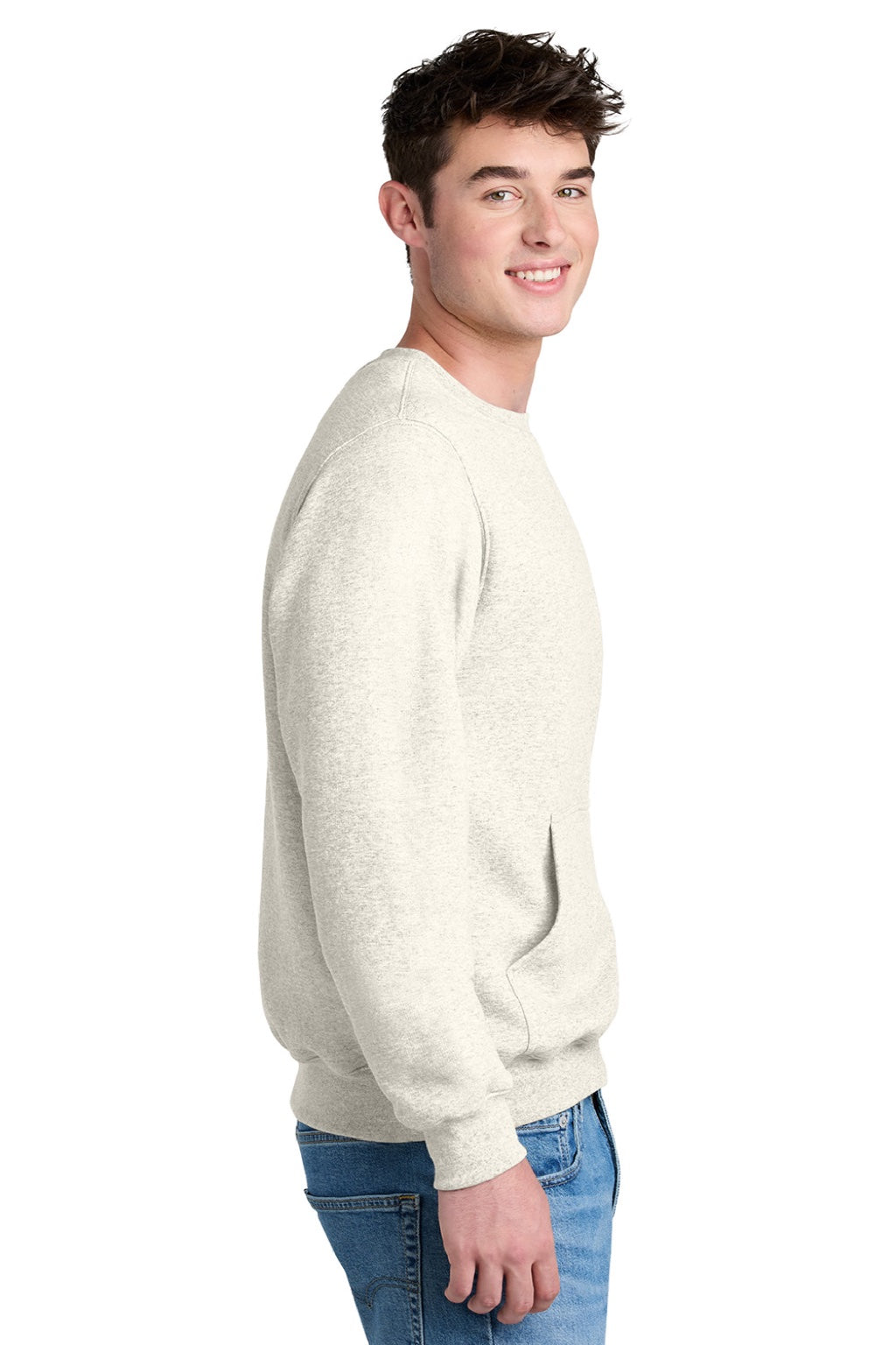 Port & Company PC78PKT Mens Core Fleece Crewneck Sweatshirt w/ Pouch Pocket Heather Oatmeal Model Side