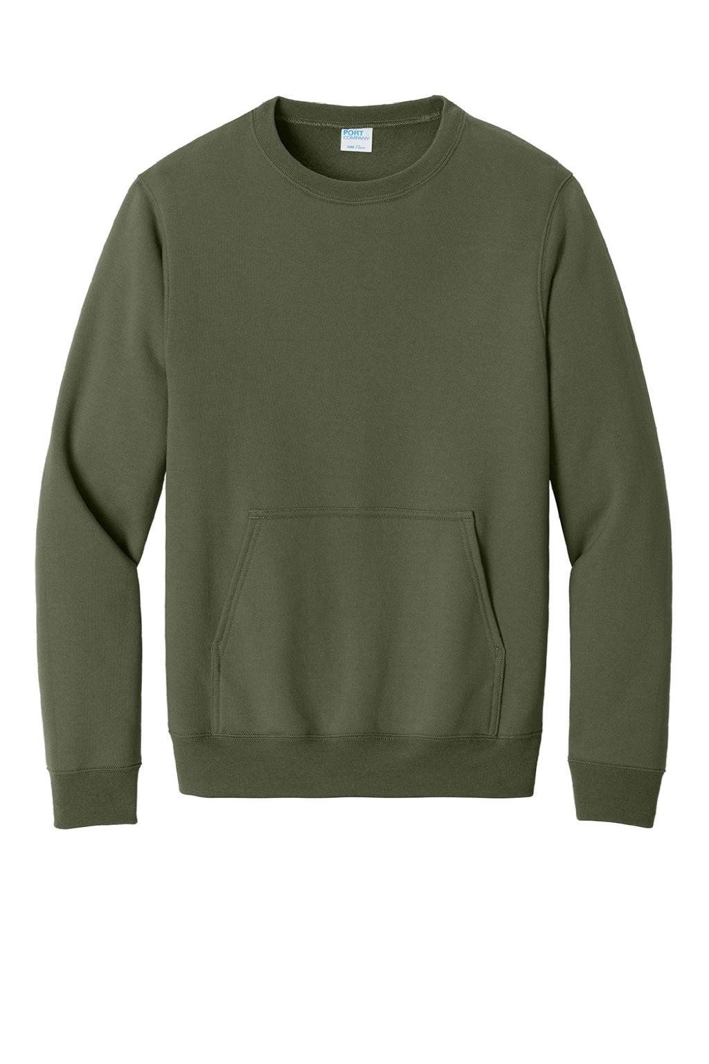 Port & Company PC78PKT Mens Core Fleece Crewneck Sweatshirt w/ Pouch Pocket Olive Drab Green Flat Front