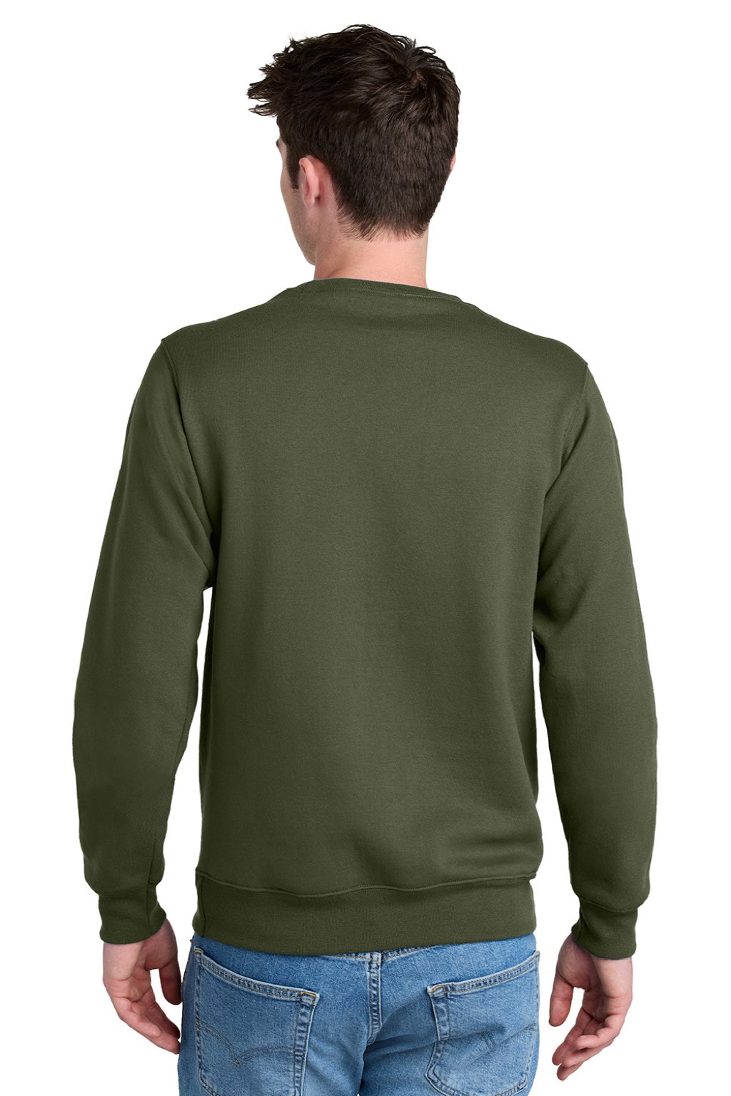 Port & Company PC78PKT Mens Core Fleece Crewneck Sweatshirt w/ Pouch Pocket Olive Drab Green Model Back
