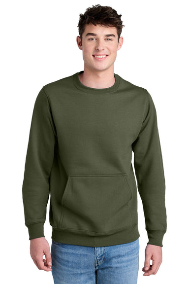 Port & Company PC78PKT Mens Core Fleece Crewneck Sweatshirt w/ Pouch Pocket Olive Drab Green Model Front
