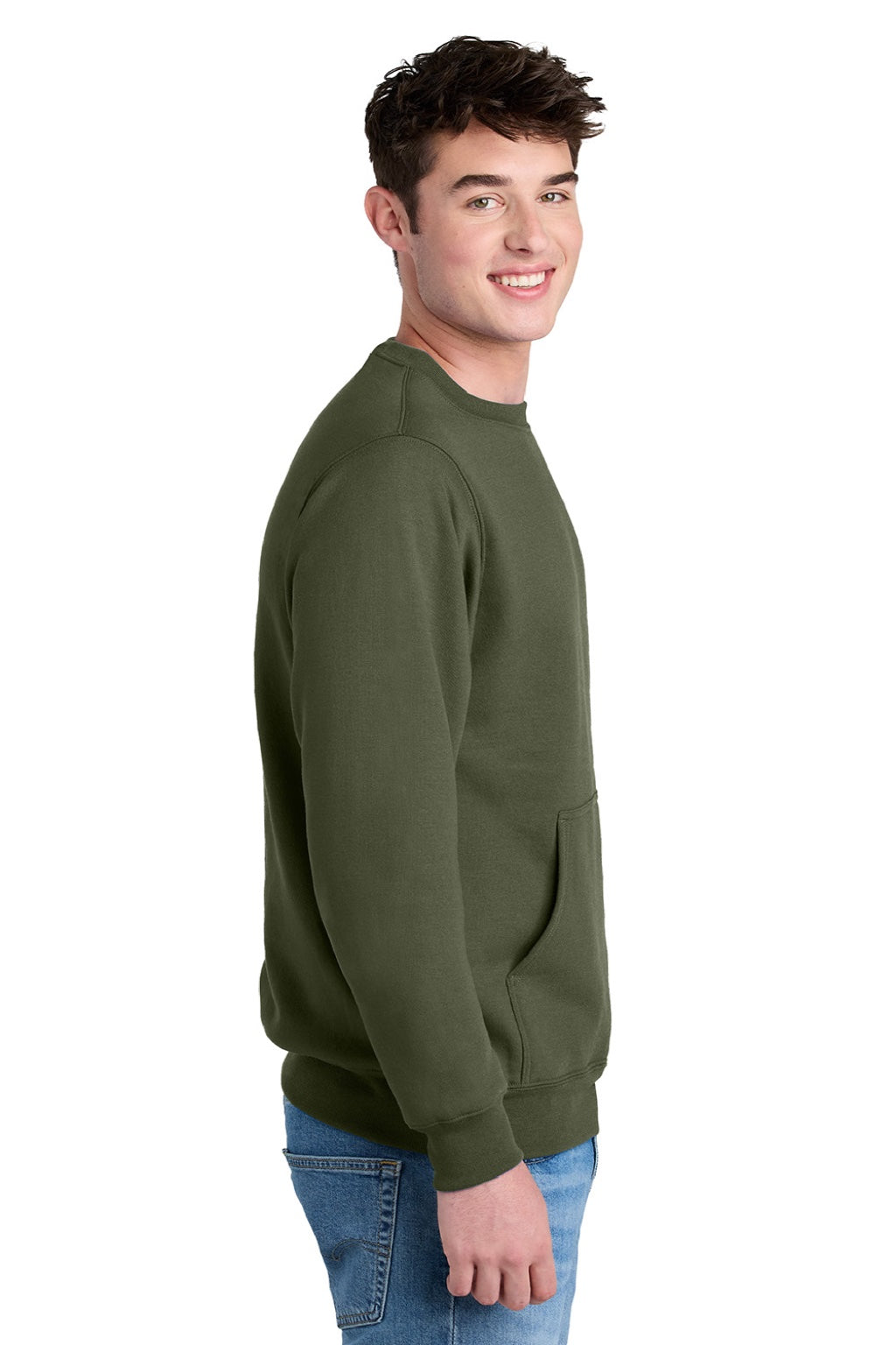 Port & Company PC78PKT Mens Core Fleece Crewneck Sweatshirt w/ Pouch Pocket Olive Drab Green Model Side