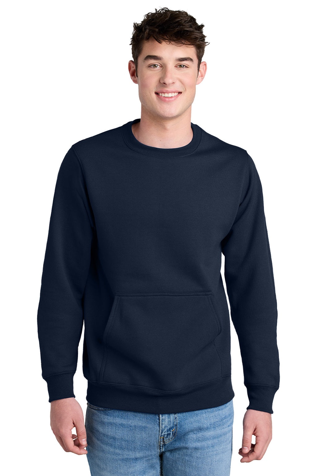 Port & Company PC78PKT Mens Core Fleece Crewneck Sweatshirt w/ Pouch Pocket True Navy Blue Model Front