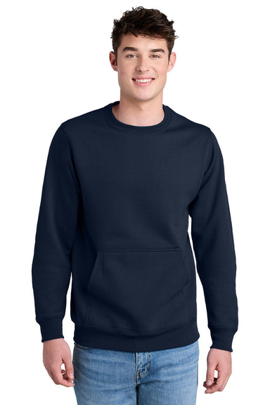 Port & Company PC78PKT Mens Core Fleece Crewneck Sweatshirt w/ Pouch Pocket True Navy Blue Model Front