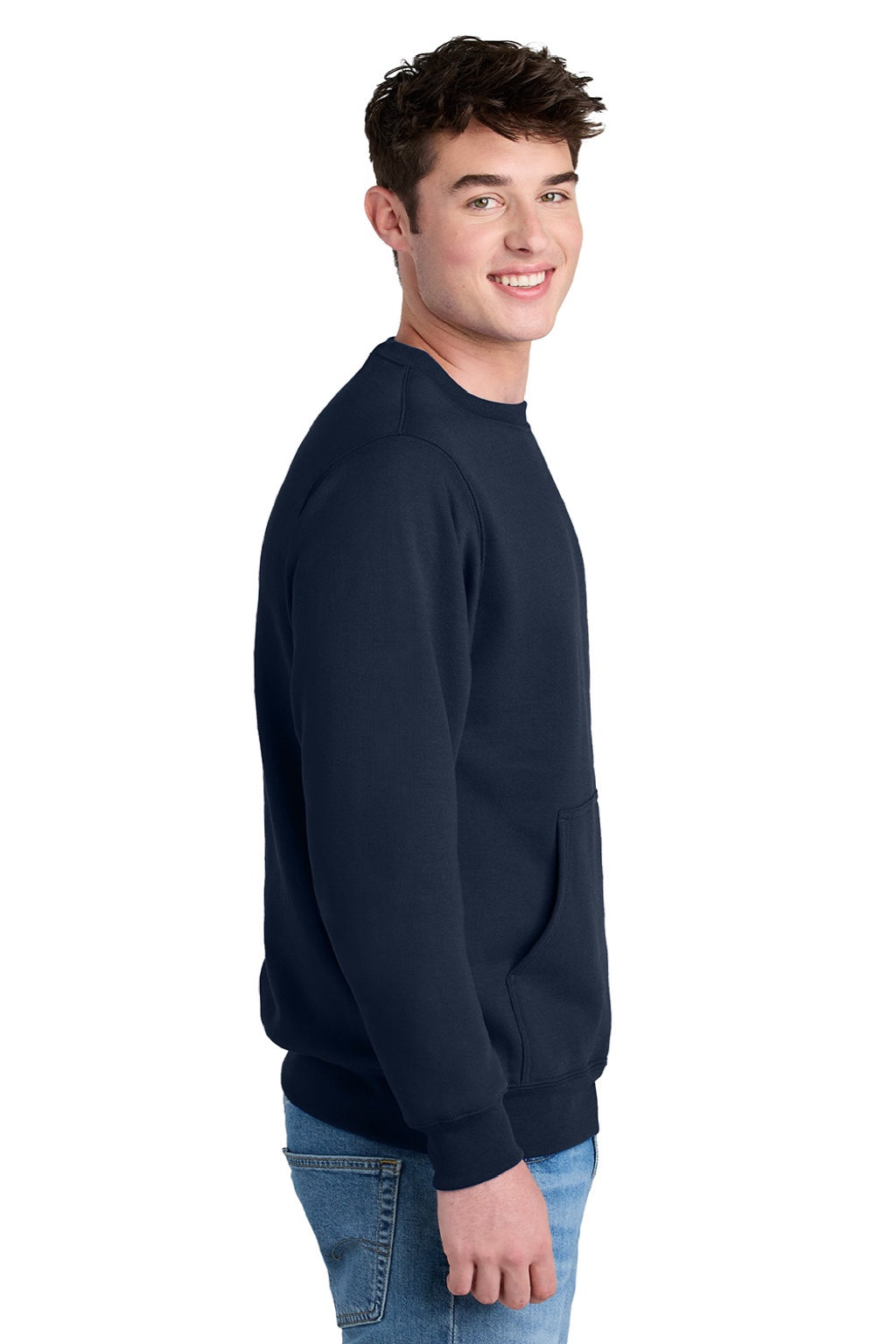 Port & Company PC78PKT Mens Core Fleece Crewneck Sweatshirt w/ Pouch Pocket True Navy Blue Model Side