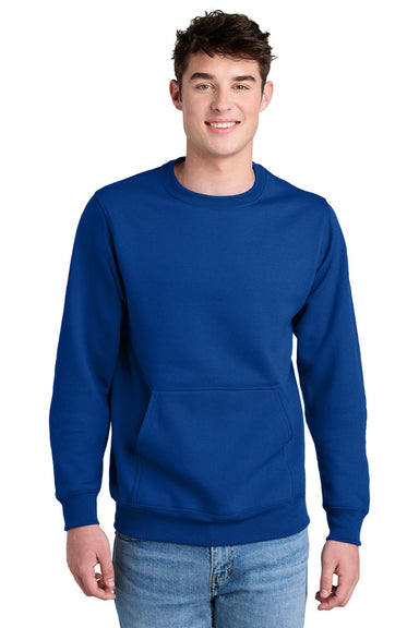 Port & Company PC78PKT Mens Core Fleece Crewneck Sweatshirt w/ Pouch Pocket True Royal Blue Model Front