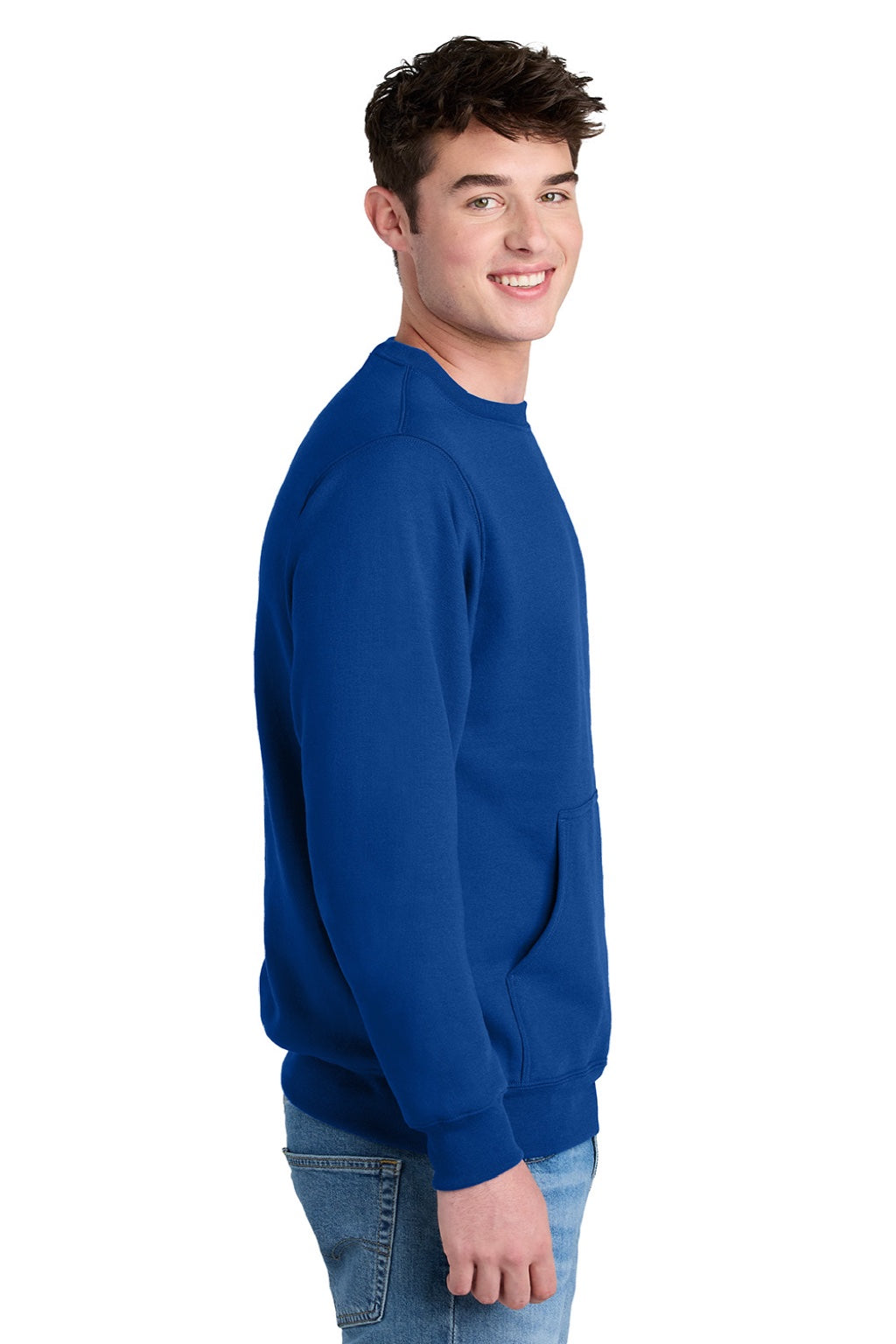 Port & Company PC78PKT Mens Core Fleece Crewneck Sweatshirt w/ Pouch Pocket True Royal Blue Model Side