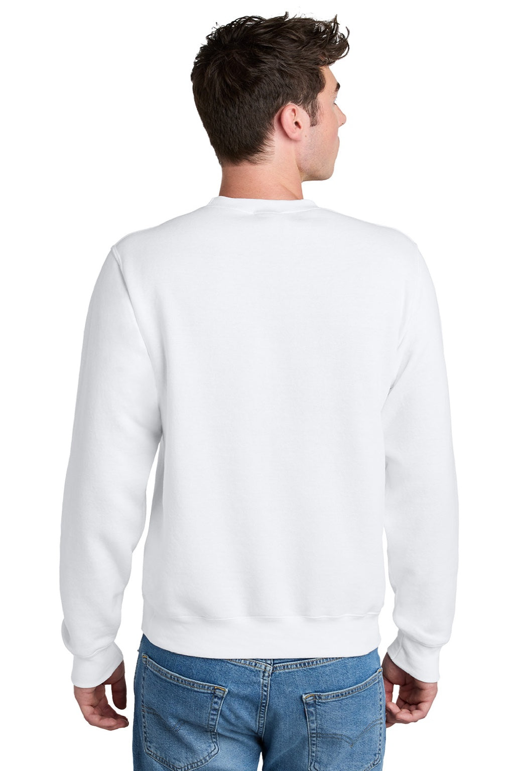 Port & Company PC78PKT Mens Core Fleece Crewneck Sweatshirt w/ Pouch Pocket White Model Back