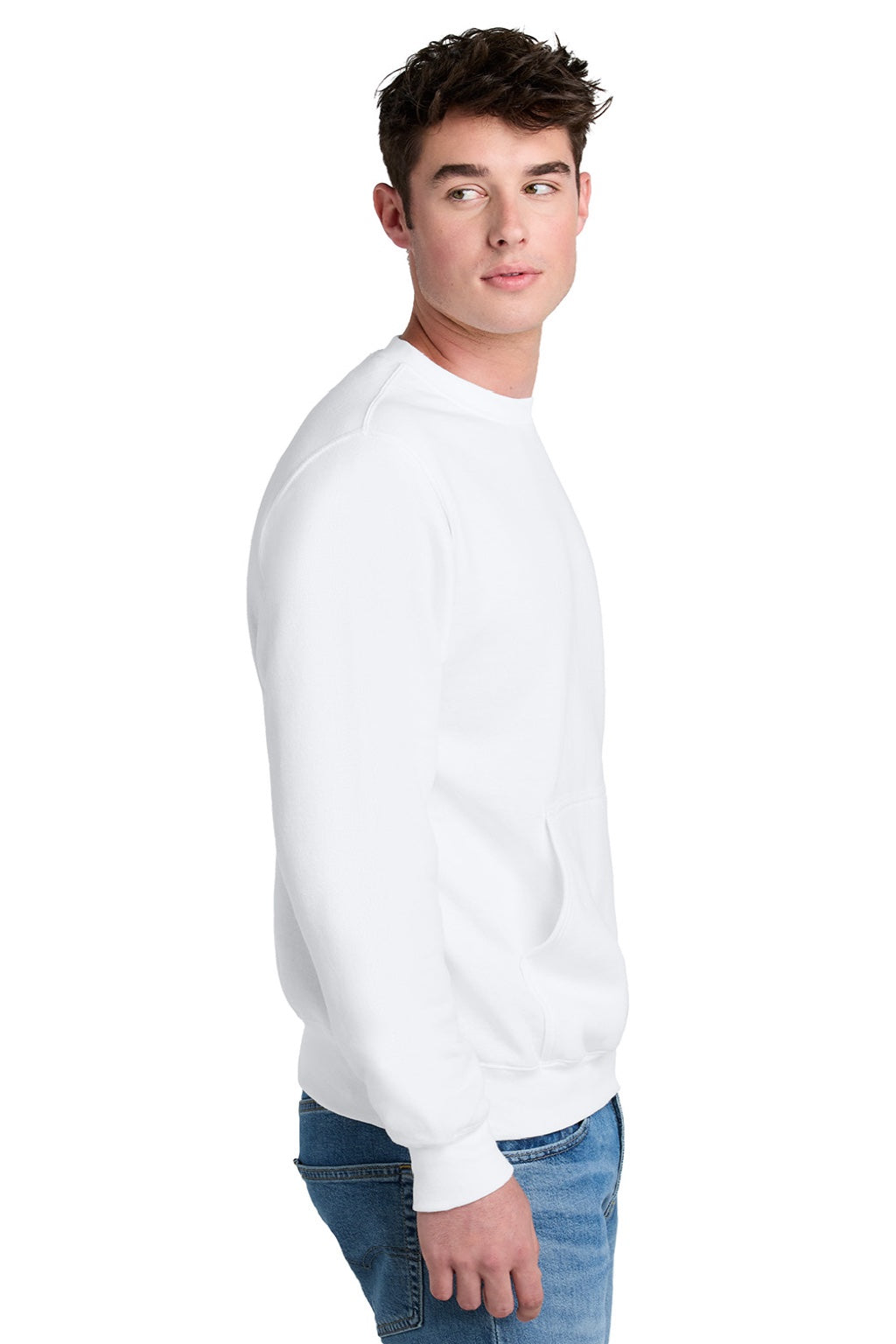 Port & Company PC78PKT Mens Core Fleece Crewneck Sweatshirt w/ Pouch Pocket White Model Side