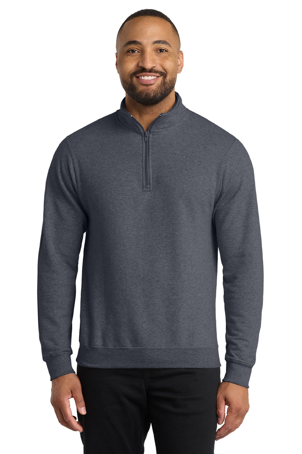 Port & Company PC78Q Mens Core Fleece 1/4 Zip Sweatshirt Heather Navy Blue Model Front