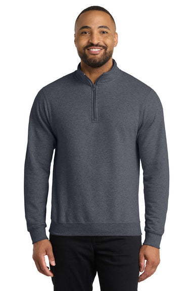 Port & Company PC78Q Mens Core Fleece 1/4 Zip Sweatshirt Heather Navy Blue Model Front