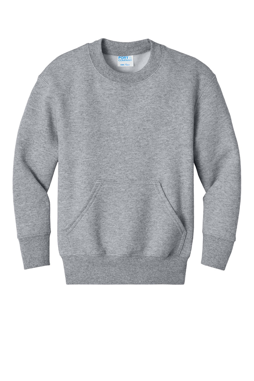 Port & Company PC78YPKT Youth Core Fleece Crewneck Sweatshirt w/ Pouch Pocket Heather Grey Flat Front