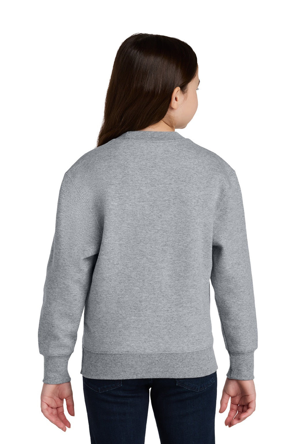Port & Company PC78YPKT Youth Core Fleece Crewneck Sweatshirt w/ Pouch Pocket Heather Grey Model Back