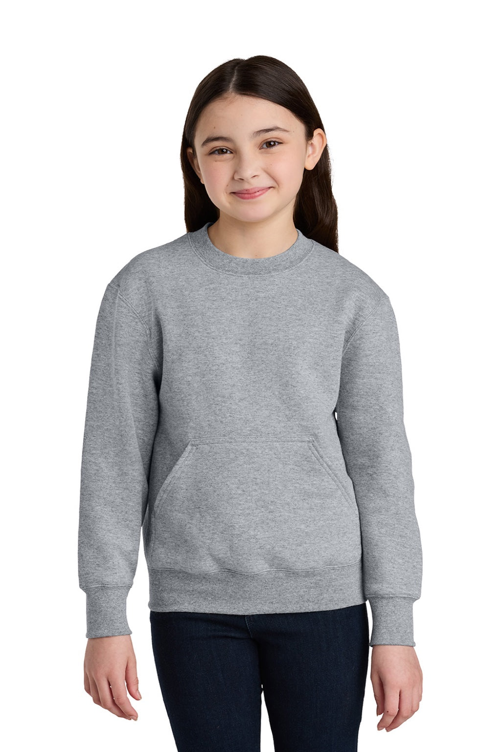 Port & Company PC78YPKT Youth Core Fleece Crewneck Sweatshirt w/ Pouch Pocket Heather Grey Model Front