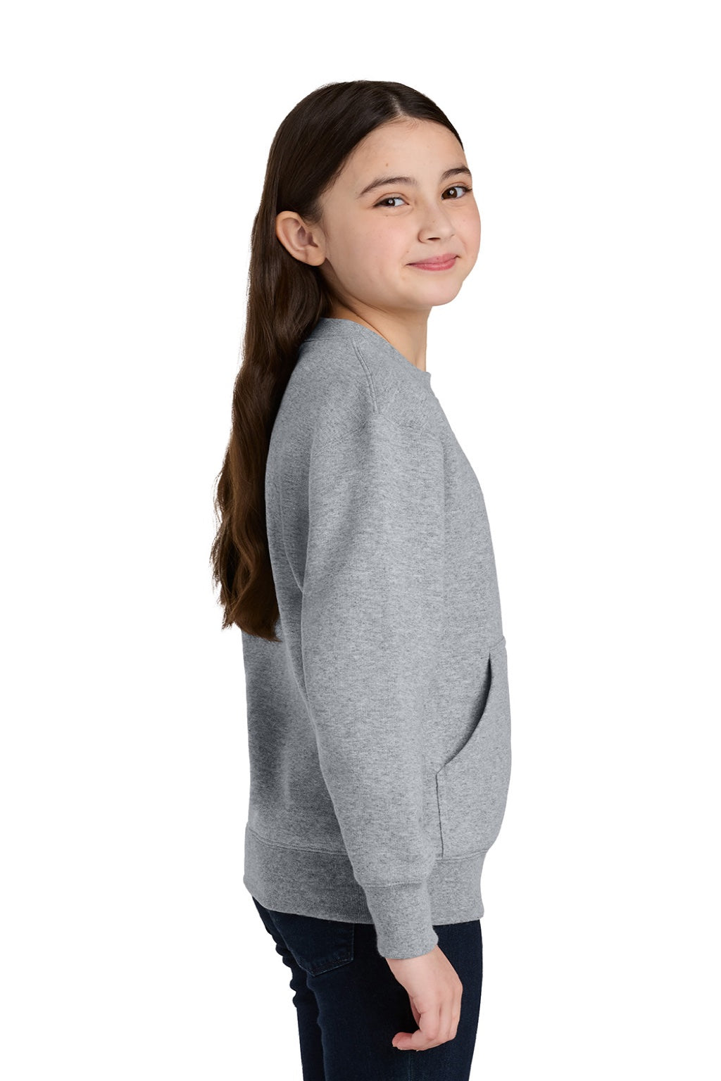 Port & Company PC78YPKT Youth Core Fleece Crewneck Sweatshirt w/ Pouch Pocket Heather Grey Model Side