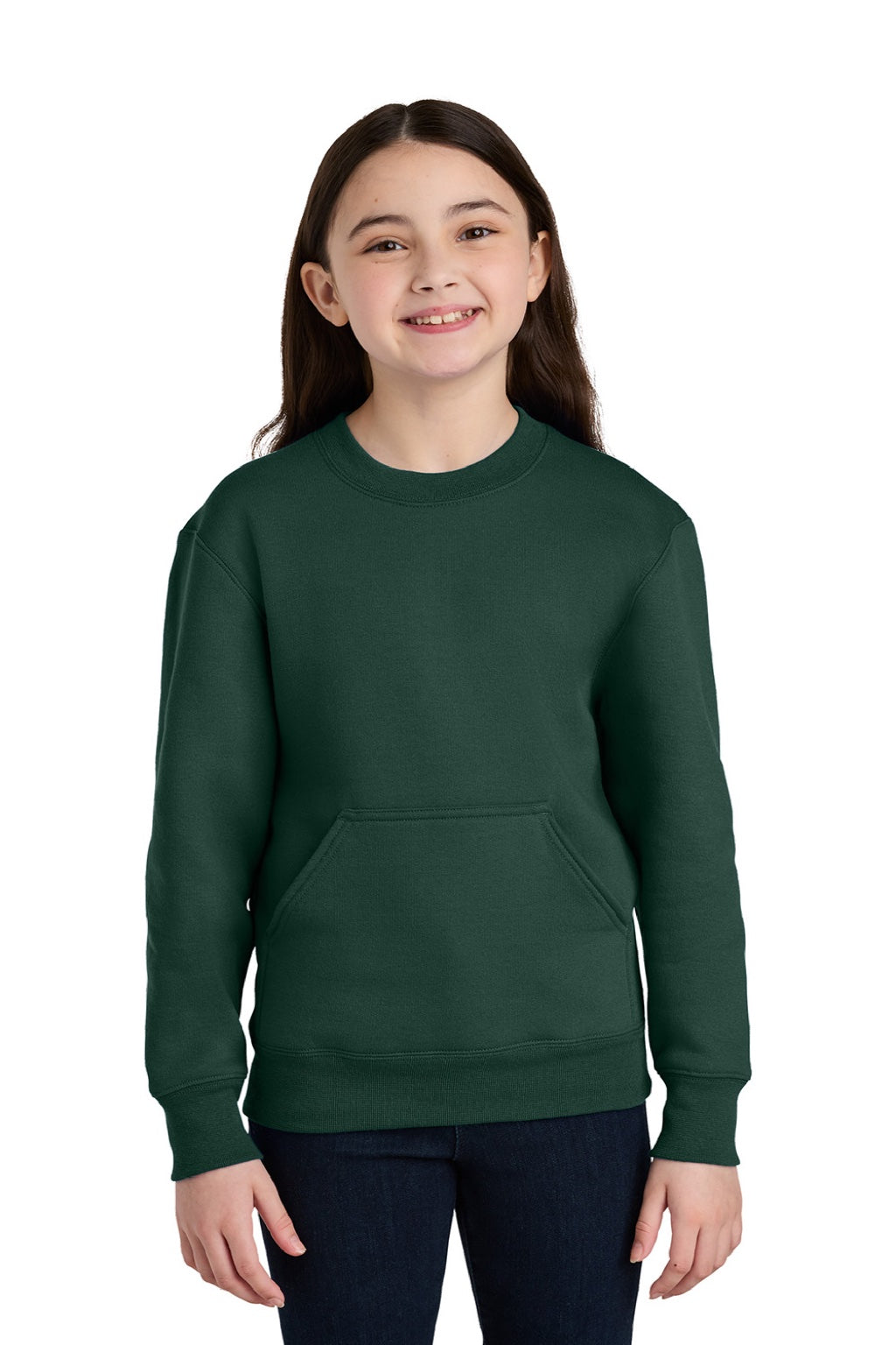 Port & Company PC78YPKT Youth Core Fleece Crewneck Sweatshirt w/ Pouch Pocket Dark Green Model Front