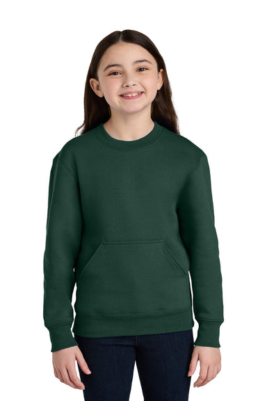 Port & Company PC78YPKT Youth Core Fleece Crewneck Sweatshirt w/ Pouch Pocket Dark Green Model Front