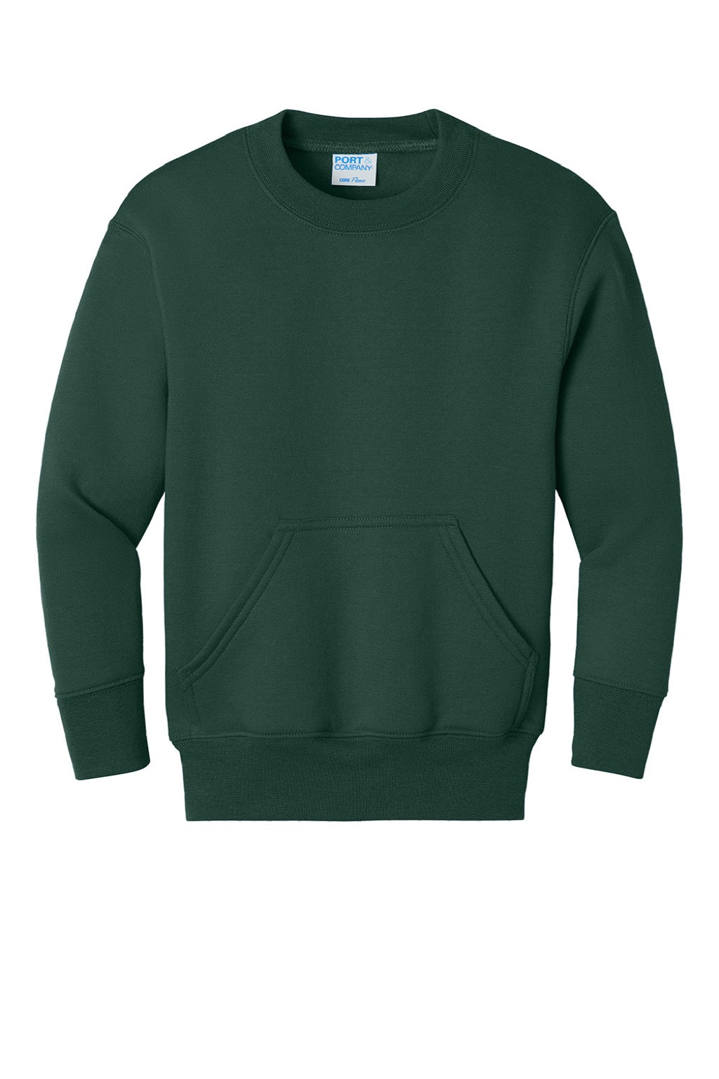 Port & Company PC78YPKT Youth Core Fleece Crewneck Sweatshirt w/ Pouch Pocket Dark Green Flat Front