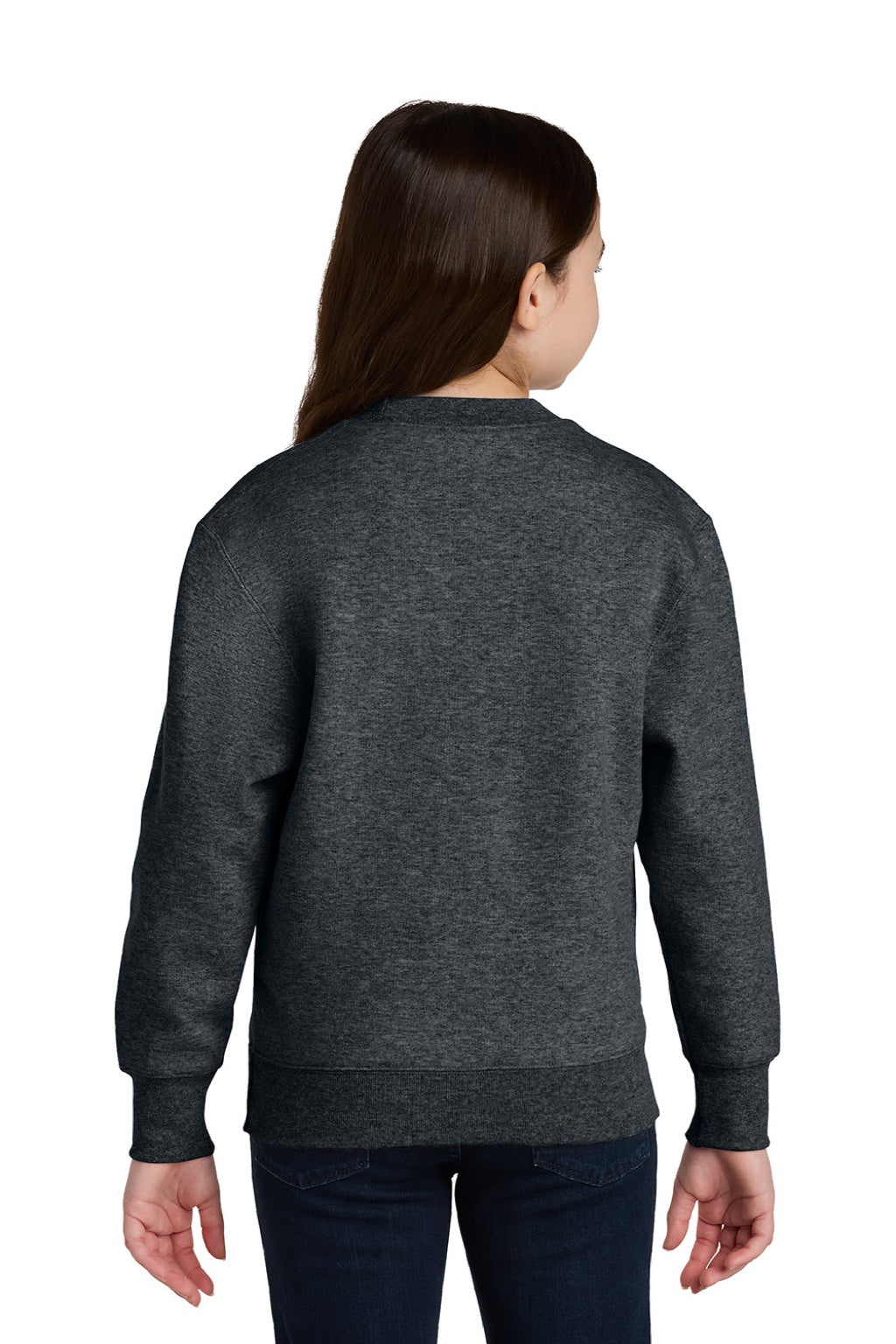 Port & Company PC78YPKT Youth Core Fleece Crewneck Sweatshirt w/ Pouch Pocket Heather Dark Grey Model Back