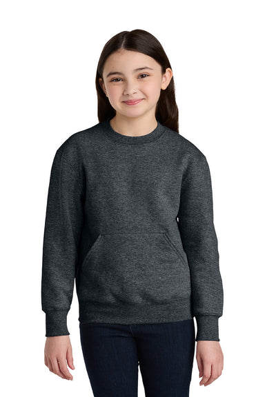 Port & Company PC78YPKT Youth Core Fleece Crewneck Sweatshirt w/ Pouch Pocket Heather Dark Grey Model Front