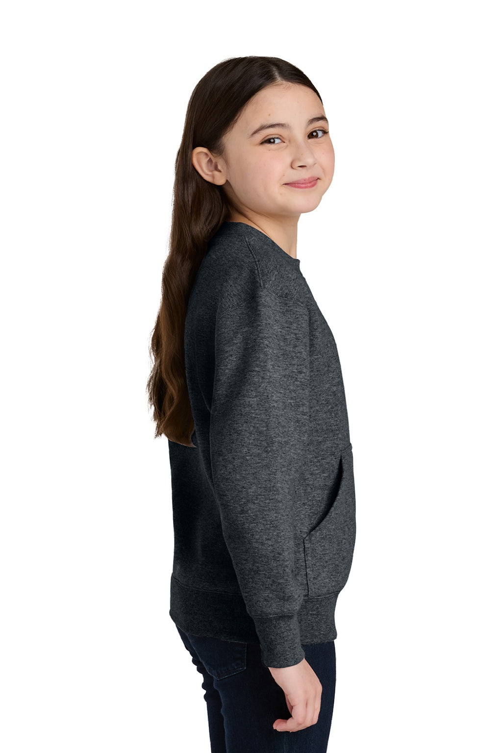 Port & Company PC78YPKT Youth Core Fleece Crewneck Sweatshirt w/ Pouch Pocket Heather Dark Grey Model Side