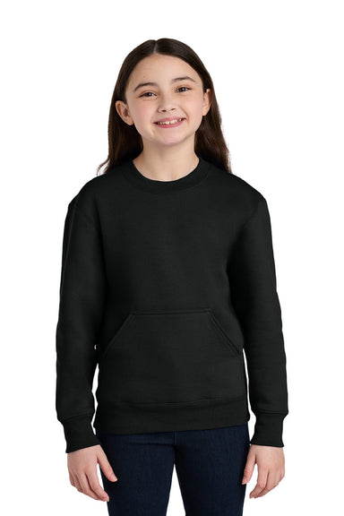 Port & Company PC78YPKT Youth Core Fleece Crewneck Sweatshirt w/ Pouch Pocket Jet Black Model Front