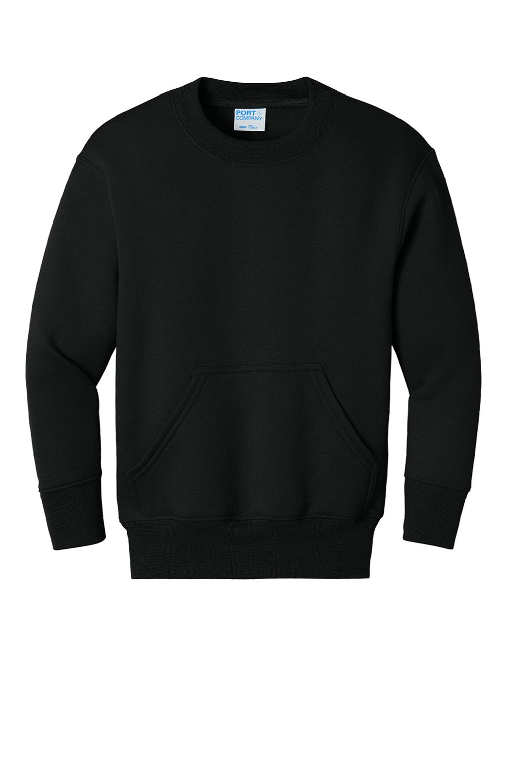 Port & Company PC78YPKT Youth Core Fleece Crewneck Sweatshirt w/ Pouch Pocket Jet Black Flat Front