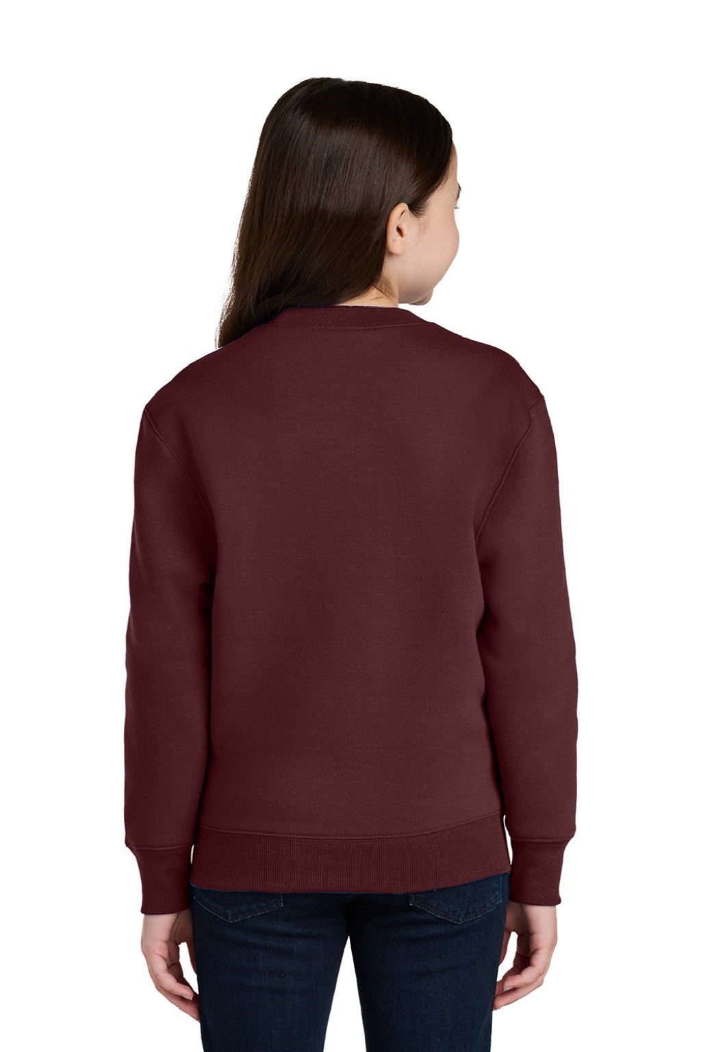 Port & Company PC78YPKT Youth Core Fleece Crewneck Sweatshirt w/ Pouch Pocket Maroon Model Back