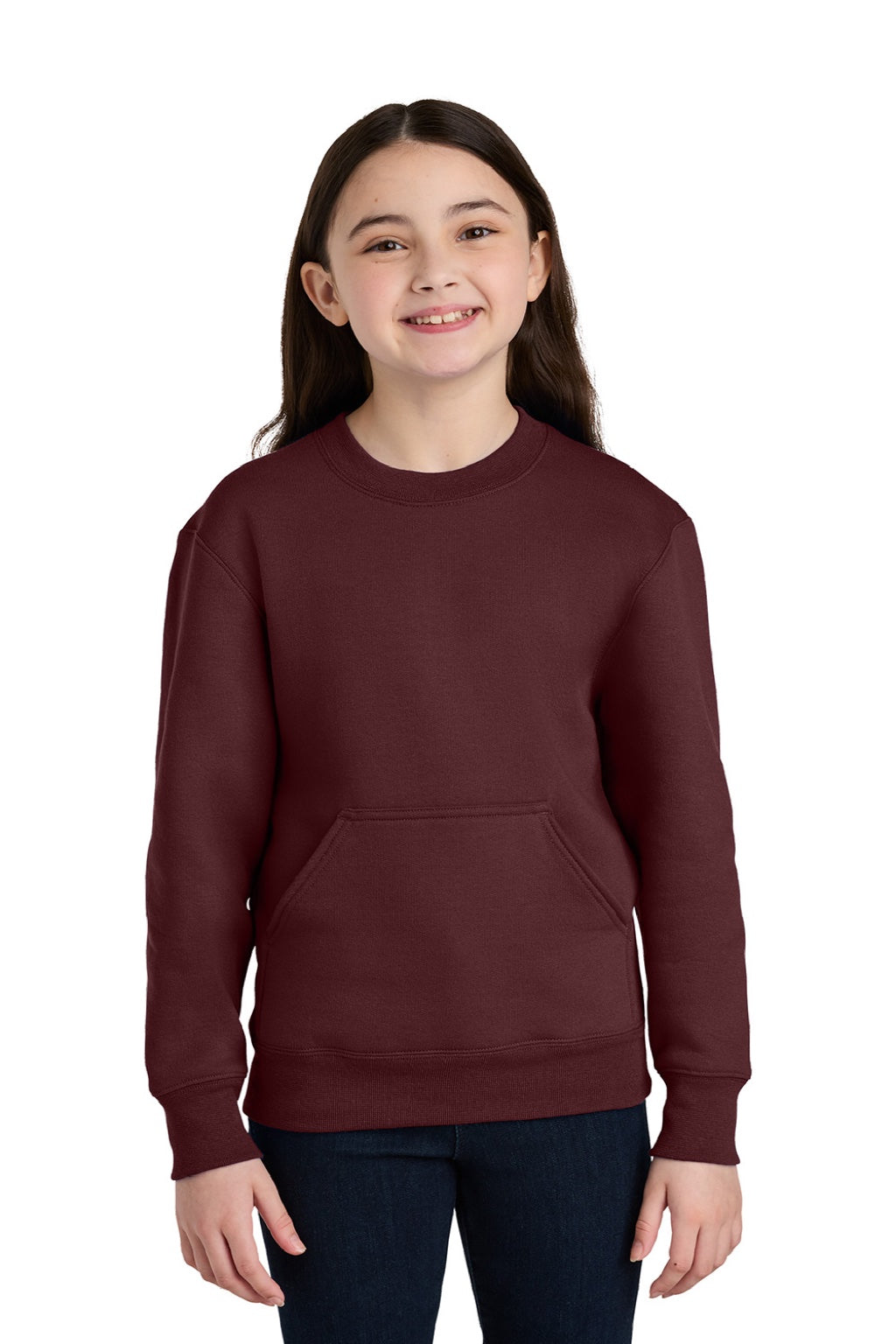Port & Company PC78YPKT Youth Core Fleece Crewneck Sweatshirt w/ Pouch Pocket Maroon Model Front