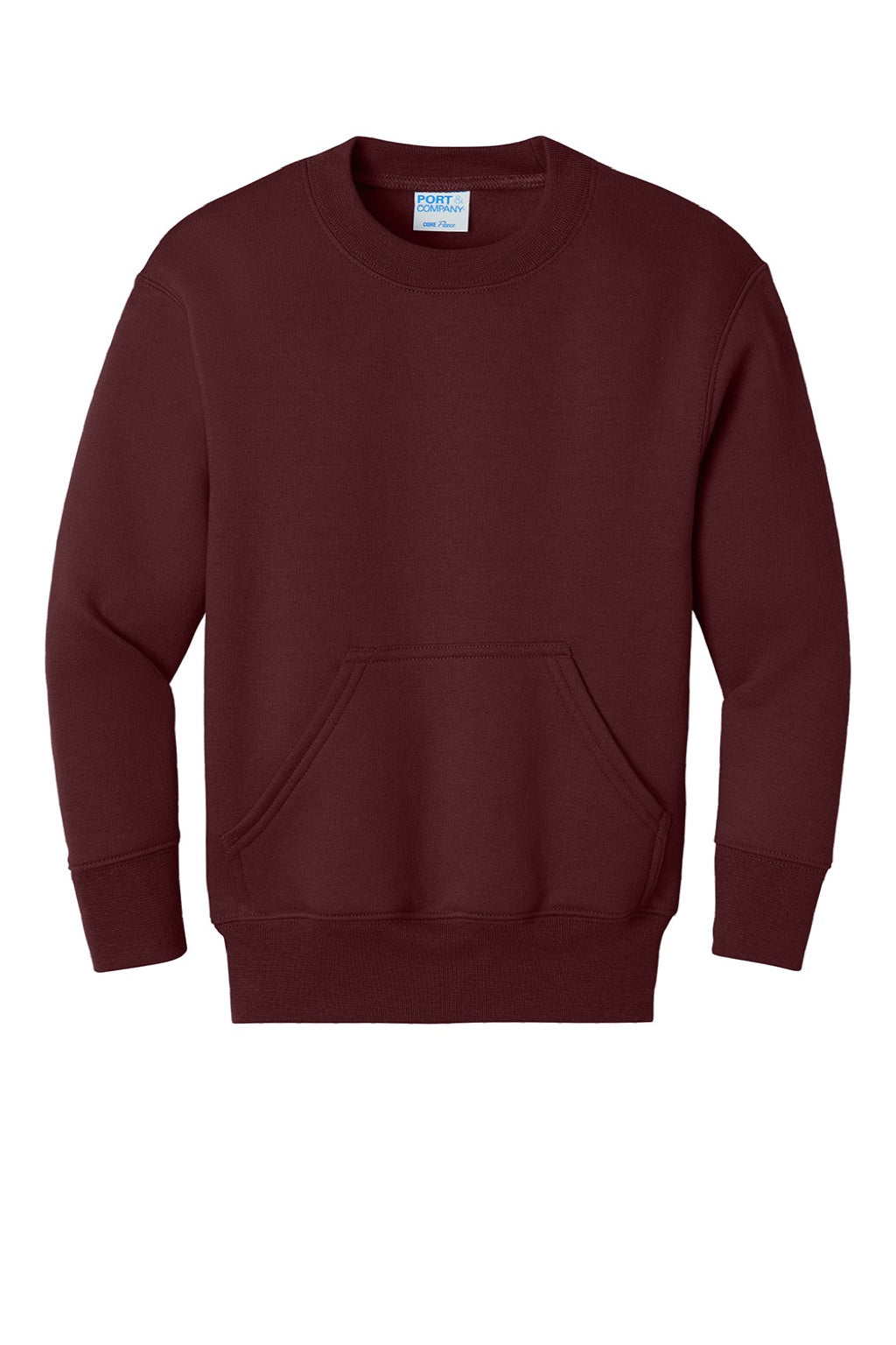 Port & Company PC78YPKT Youth Core Fleece Crewneck Sweatshirt w/ Pouch Pocket Maroon Flat Front