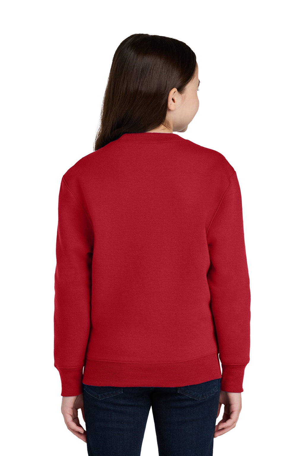 Port & Company PC78YPKT Youth Core Fleece Crewneck Sweatshirt w/ Pouch Pocket Red Model Back