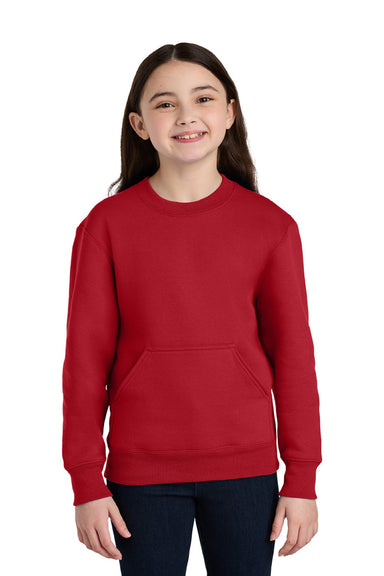 Port & Company PC78YPKT Youth Core Fleece Crewneck Sweatshirt w/ Pouch Pocket Red Model Front