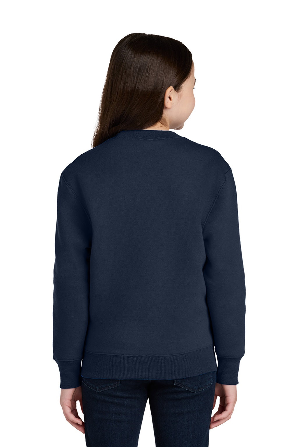 Port & Company PC78YPKT Youth Core Fleece Crewneck Sweatshirt w/ Pouch Pocket True Navy Blue Model Back