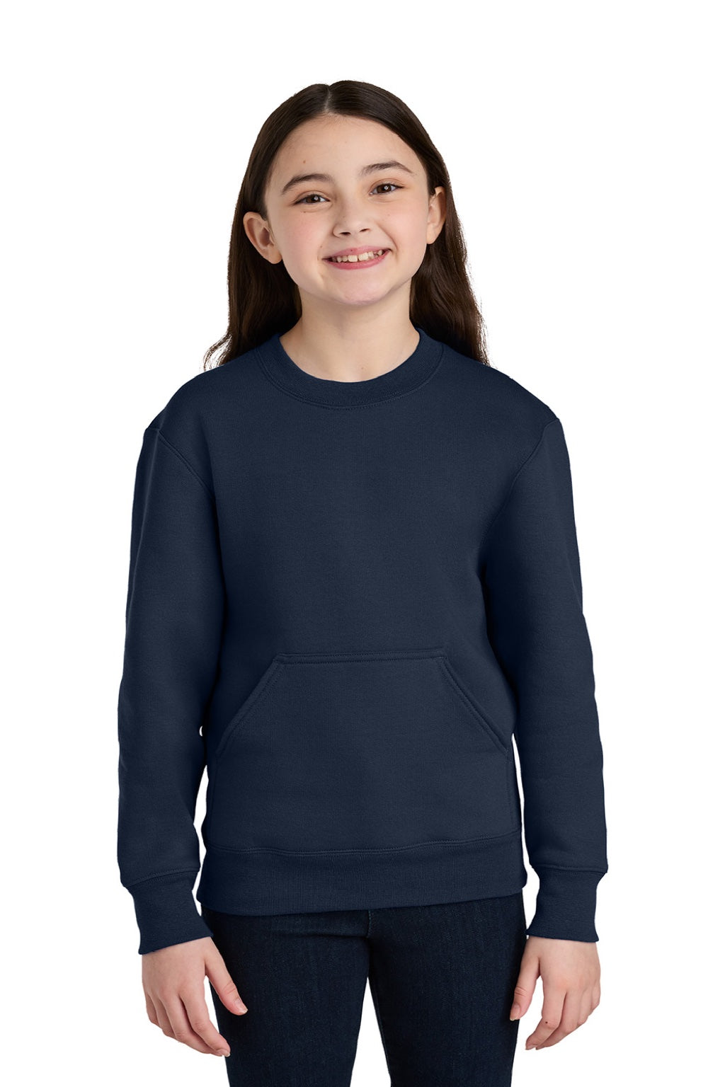 Port & Company PC78YPKT Youth Core Fleece Crewneck Sweatshirt w/ Pouch Pocket True Navy Blue Model Front